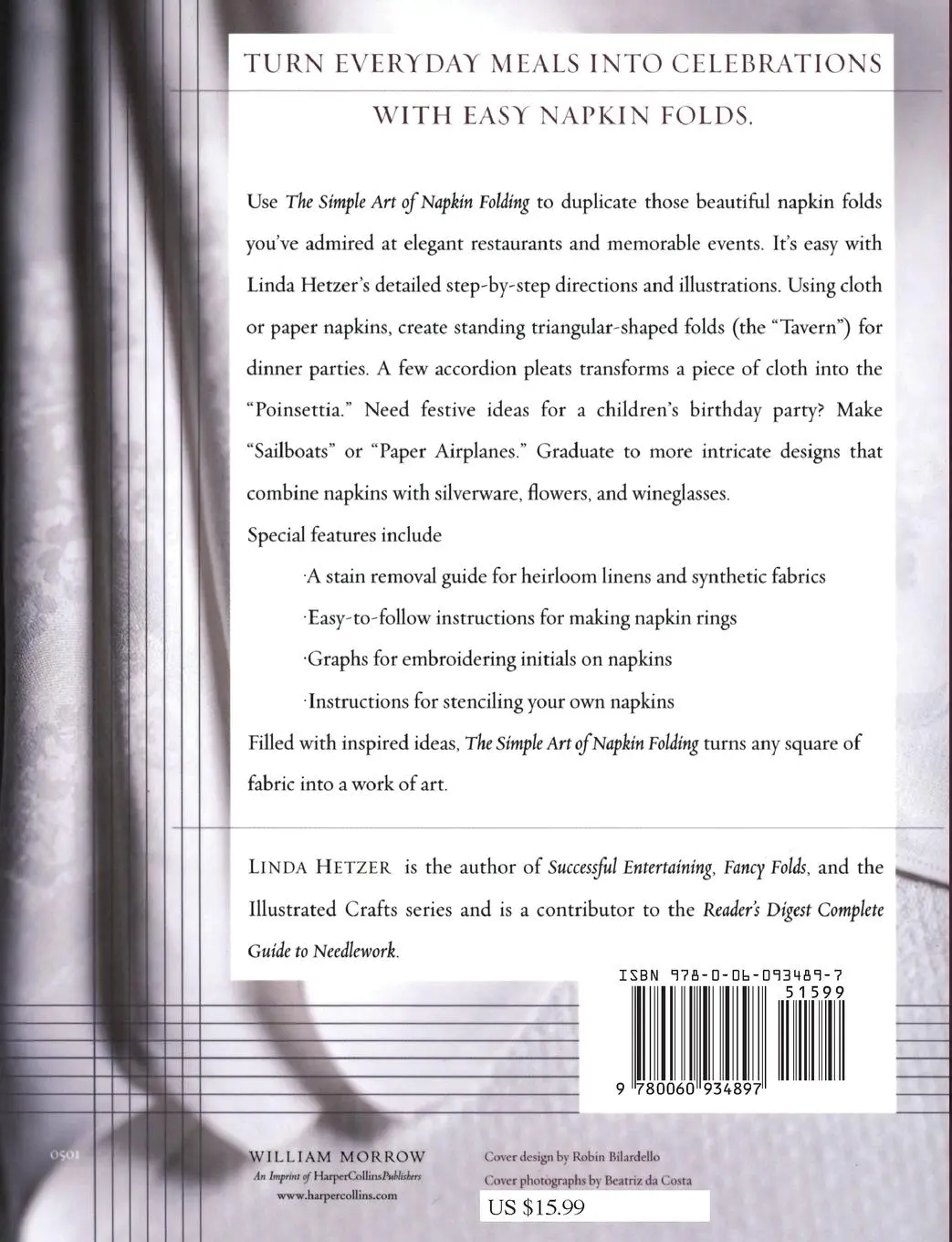 Rückseite: 9780060934897 | The Simple Art of Napkin Folding | Linda Hetzer | Taschenbuch | 2023