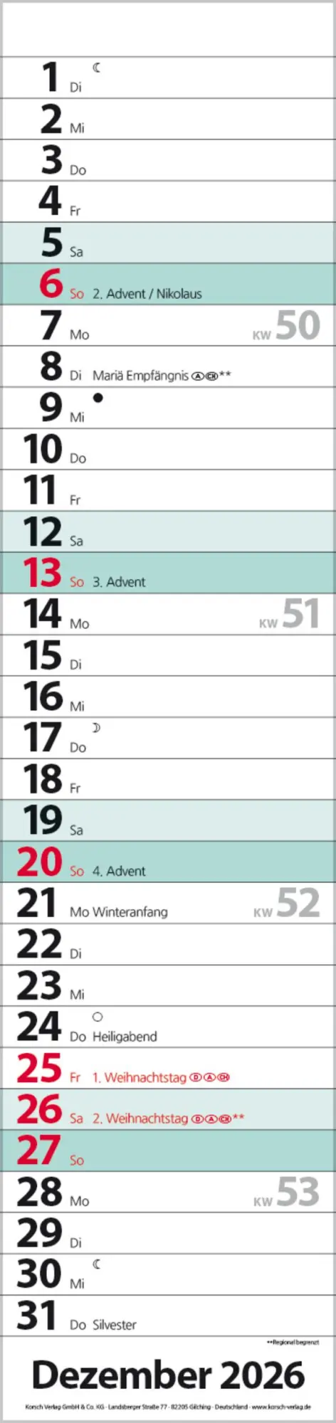 Bild: 9783731884897 | Streifenplaner Compact Türkis 2026 | Verlag Korsch | Kalender | 13 S.