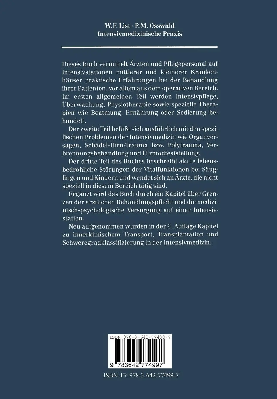 Rückseite: 9783642774997 | Intensivmedizinische Praxis | Peter M. Osswald (u. a.) | Taschenbuch