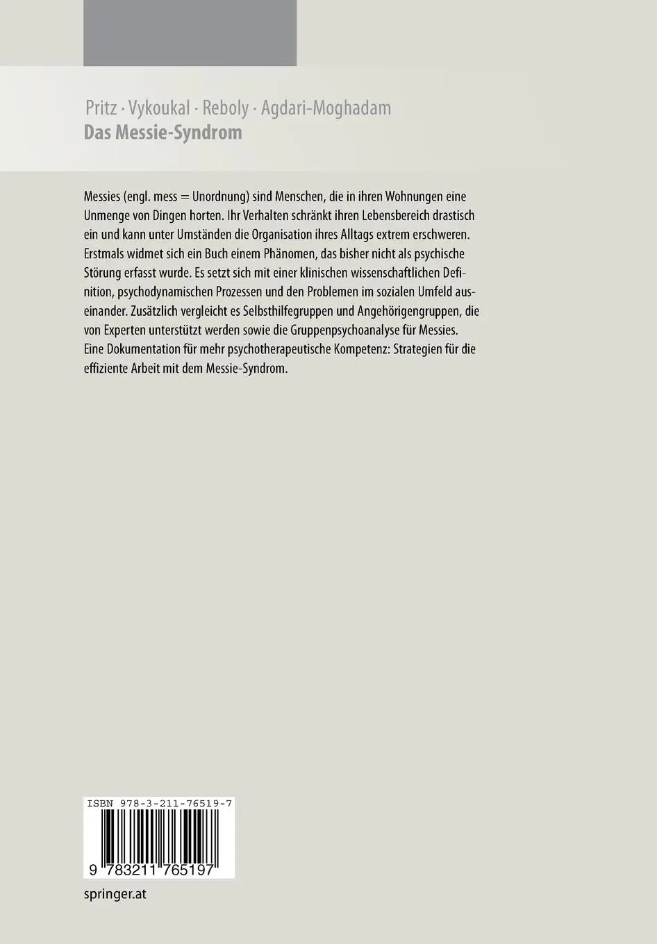 Rückseite: 9783211765197 | Das Messie-Syndrom | Alfred Pritz (u. a.) | Taschenbuch | x | Deutsch