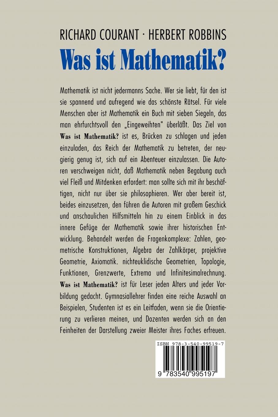 Rückseite: 9783540995197 | Was ist Mathematik? | H. Robbins (u. a.) | Taschenbuch | xxii | 1993