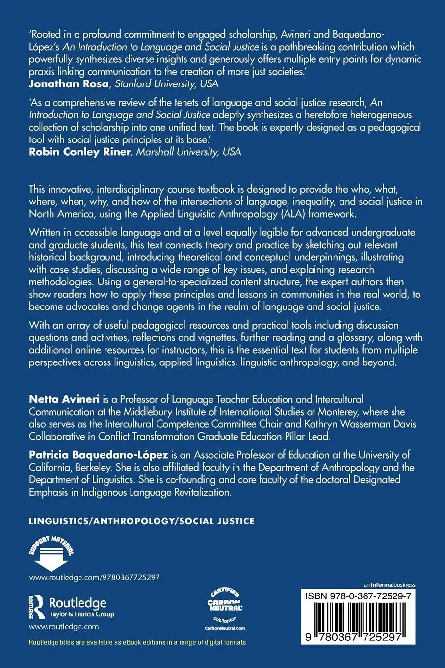Rückseite: 9780367725297 | An Introduction to Language and Social Justice | Netta Avineri (u. a.)