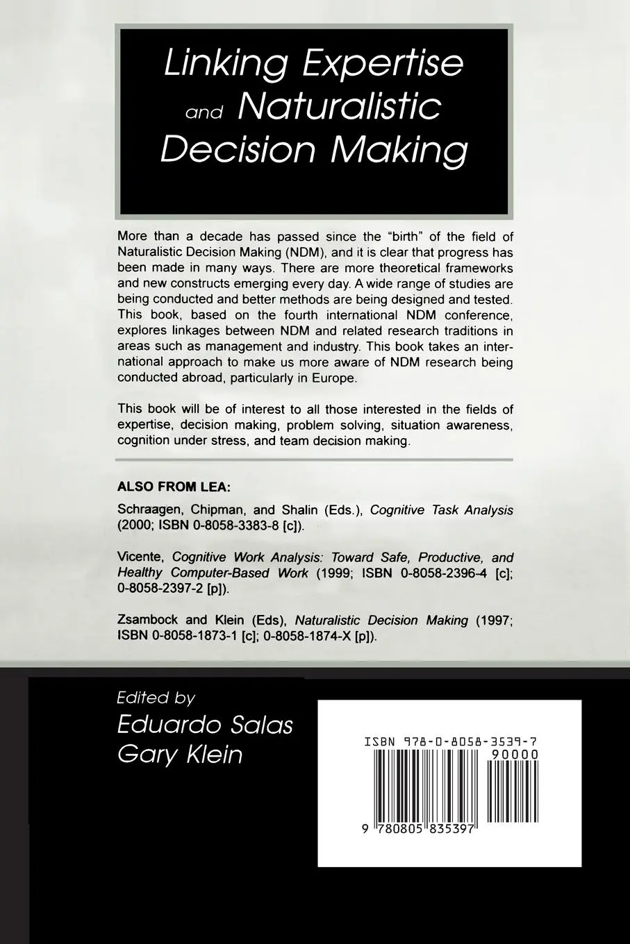 Rückseite: 9780805835397 | Linking Expertise and Naturalistic Decision Making | Salas (u. a.)