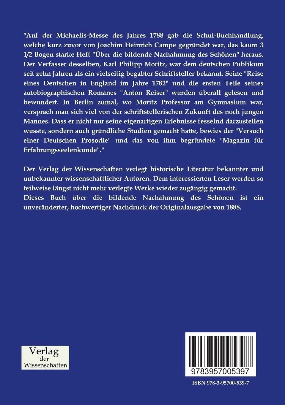 Rückseite: 9783957005397 | Über die bildende Nachahmung des Schönen | Karl Philipp Moritz | Buch