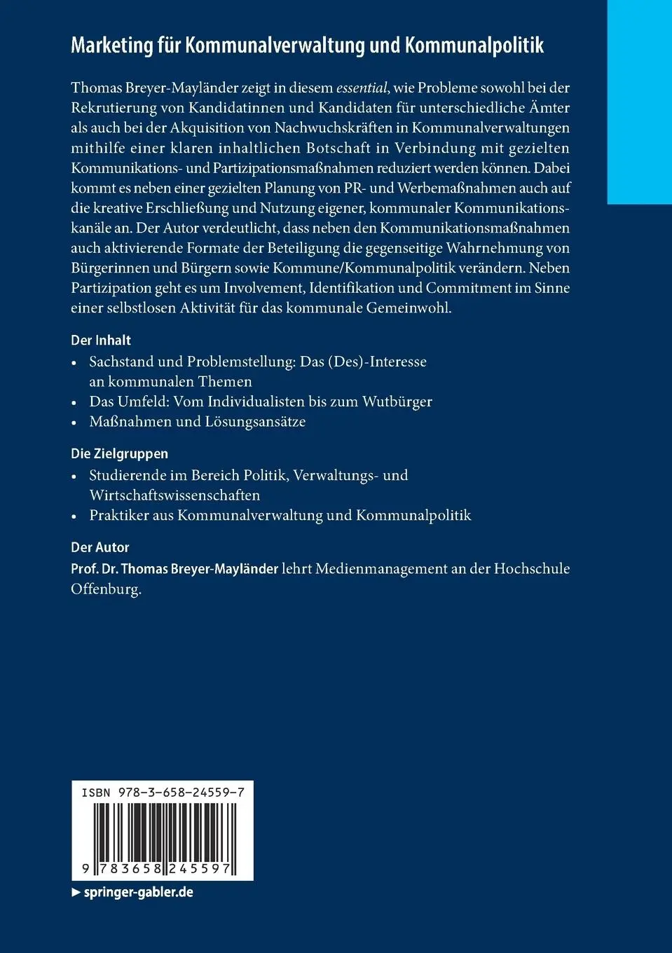 Rückseite: 9783658245597 | Marketing für Kommunalverwaltung und Kommunalpolitik | Taschenbuch | x