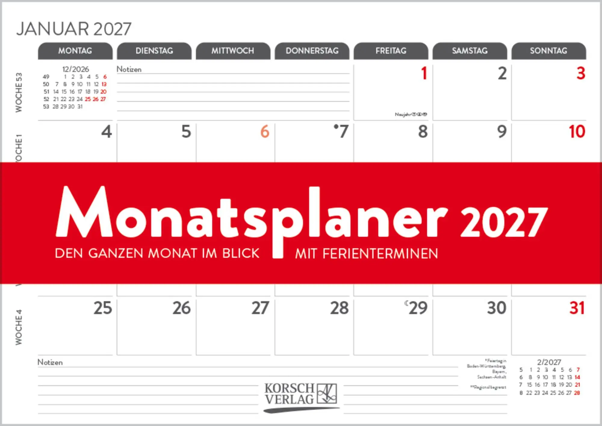 Cover: 9783819305597 | Monatsplaner 2027 | Verlag Korsch | Kalender | 12 S. | Deutsch | 2027