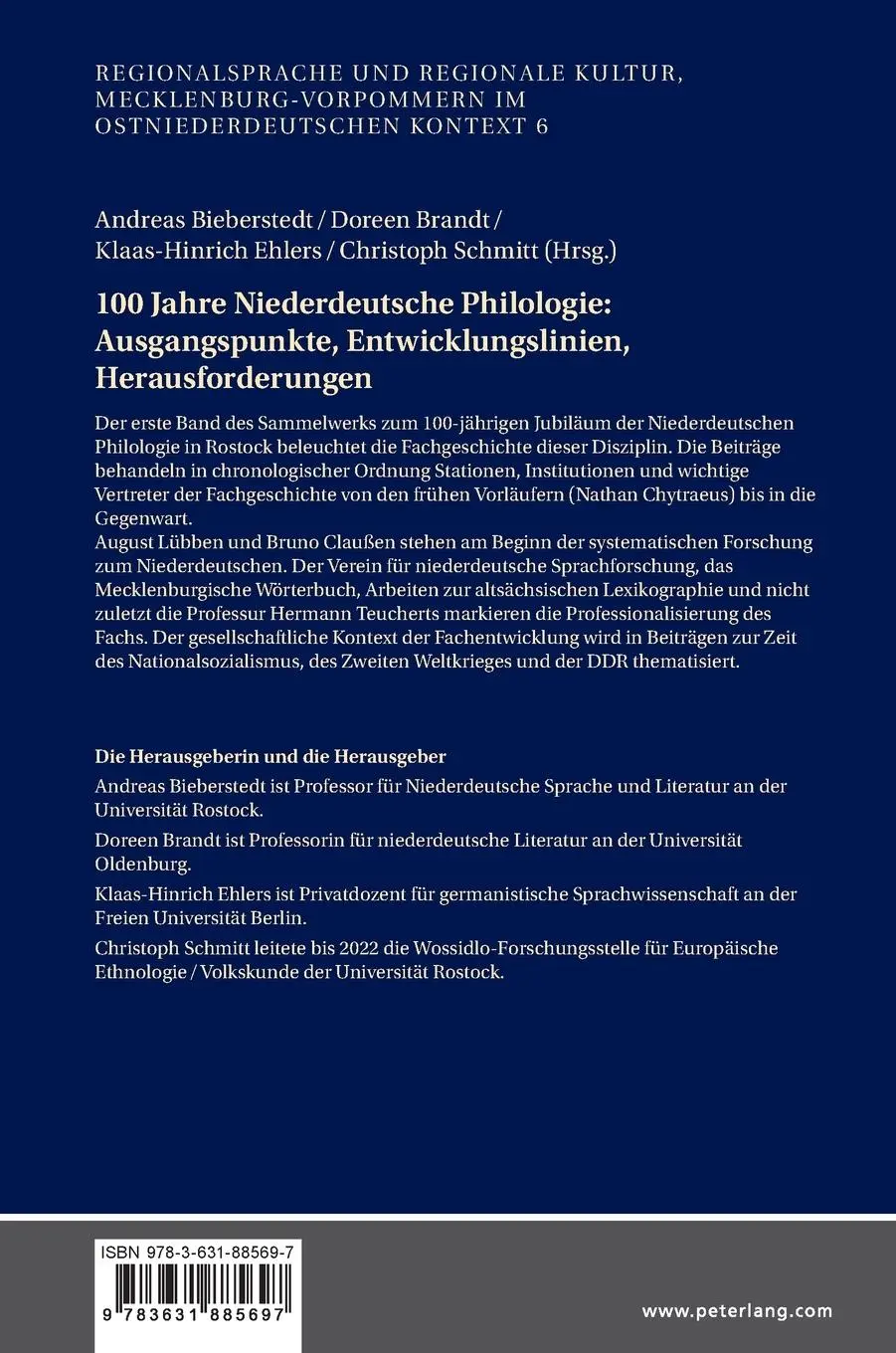 Rückseite: 9783631885697 | 100 Jahre Niederdeutsche Philologie: Ausgangspunkte,...