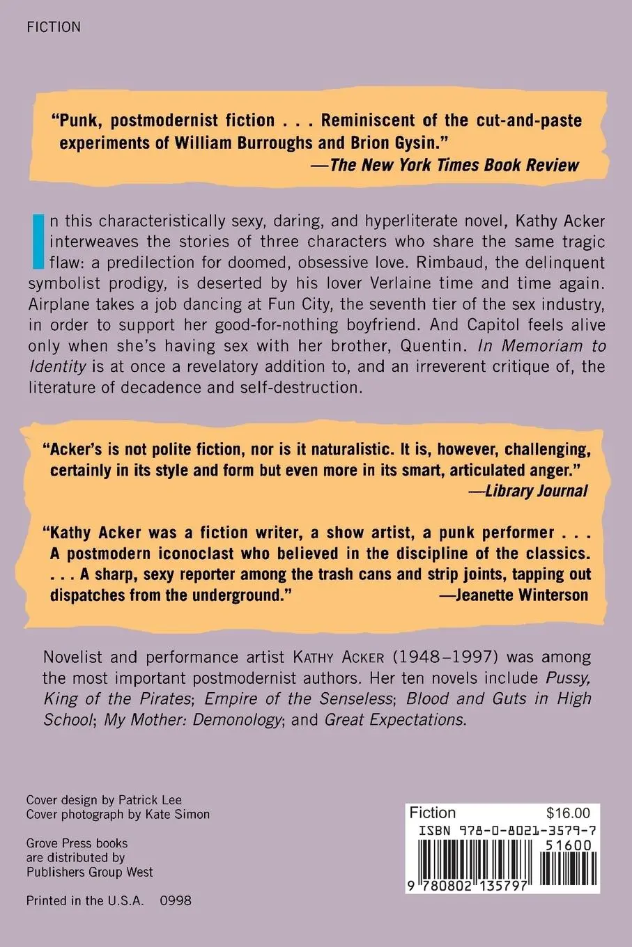 Rückseite: 9780802135797 | In Memoriam to Identity | Kathy Acker | Taschenbuch | Englisch | 1998