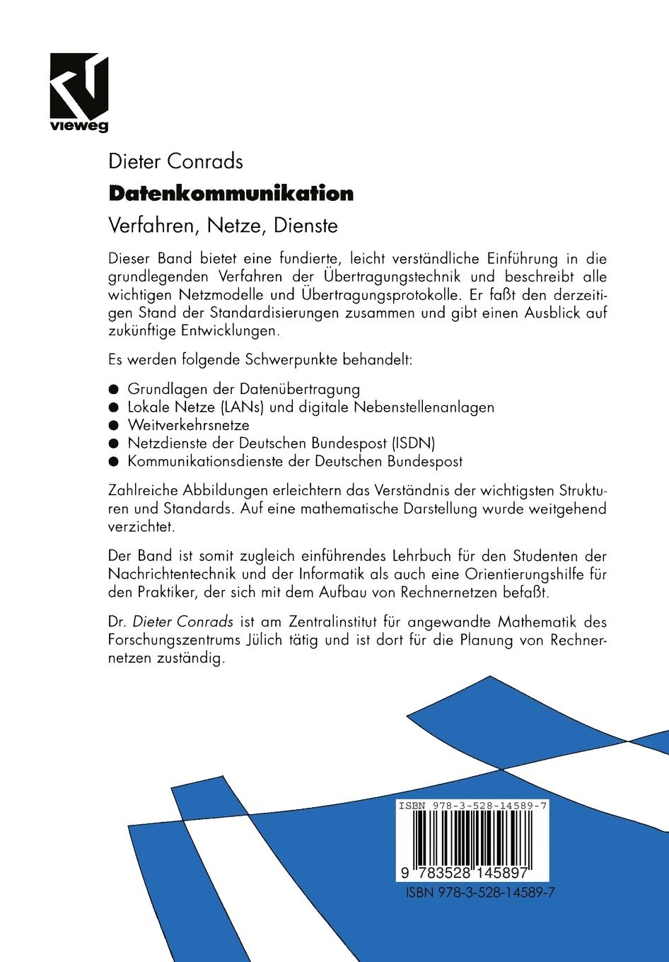 Rückseite: 9783528145897 | Datenkommunikation | Verfahren - Netze - Dienste | Dieter Conrads | xi