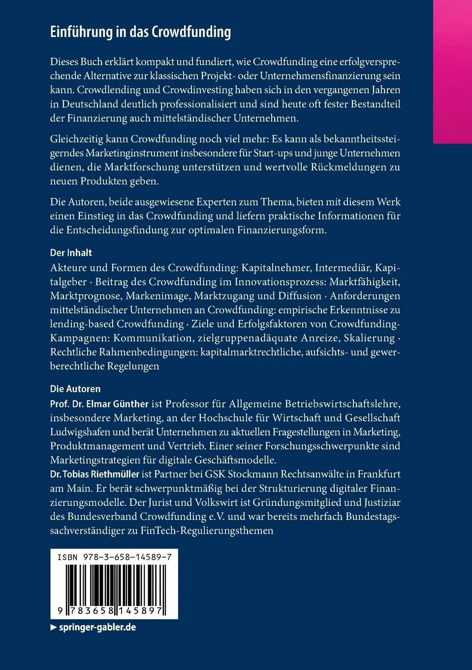 Rückseite: 9783658145897 | Einführung in das Crowdfunding | Tobias Riethmüller (u. a.) | Buch