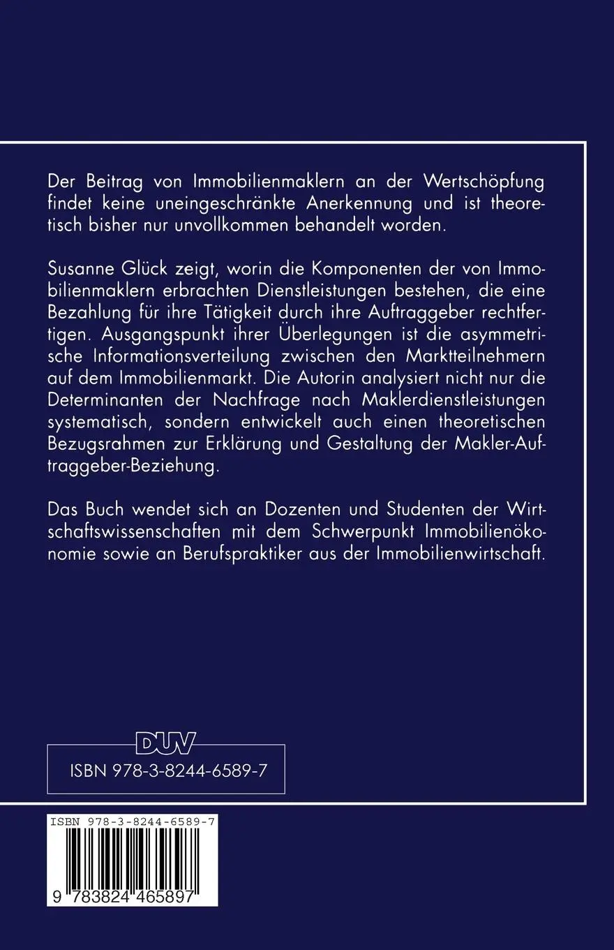 Rückseite: 9783824465897 | Immobilienmakler und Neue Institutionenökonomik | Susanne Glück | Buch