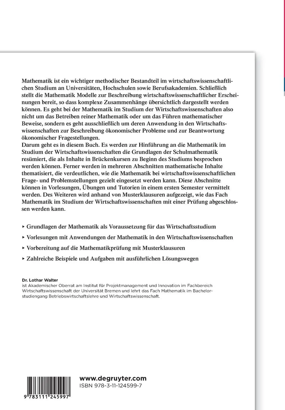 Rückseite: 9783111245997 | Mathematik im Studium der Wirtschaftswissenschaften | Lothar Walter