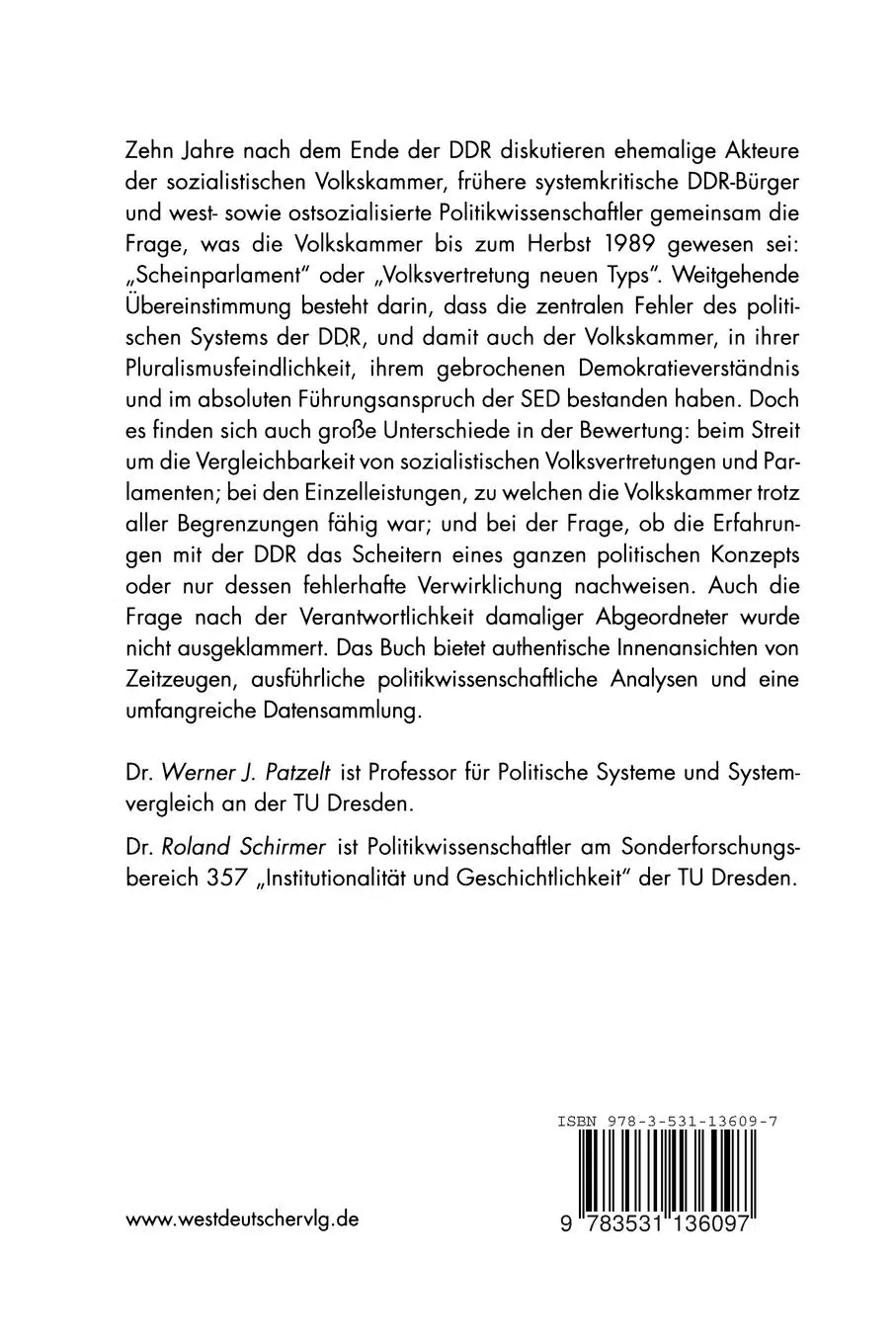 Rückseite: 9783531136097 | Die Volkskammer der DDR | Roland Schirmer (u. a.) | Taschenbuch | 2002