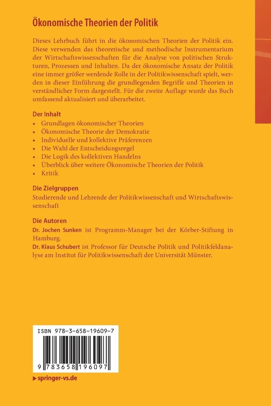 Rückseite: 9783658196097 | Ökonomische Theorien der Politik | Eine Einführung | Schubert (u. a.)