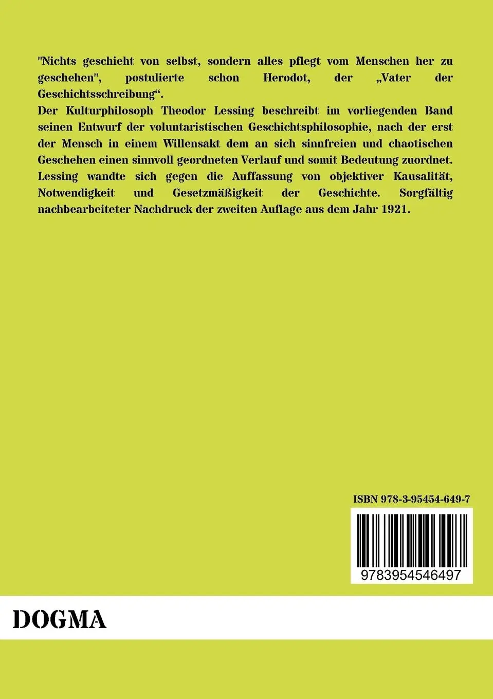 Rückseite: 9783954546497 | Geschichte als Sinngebung des Sinnlosen | Theodor Lessing | Buch