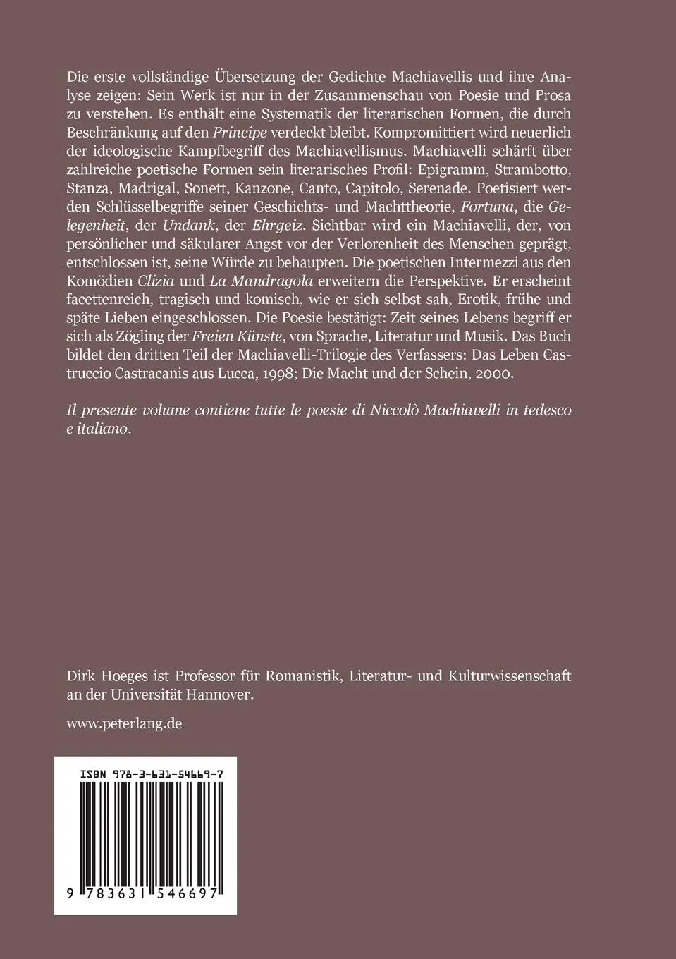 Rückseite: 9783631546697 | Niccolò Machiavelli. Dichter - Poeta | Dirk Hoeges | Taschenbuch