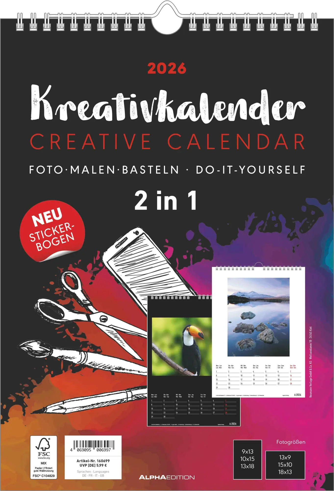 Cover: 4069095006997 | Kreativ-Kalender A4 - 2 in 1: schwarz und weiss 2026 - 21 x 29,7 -...