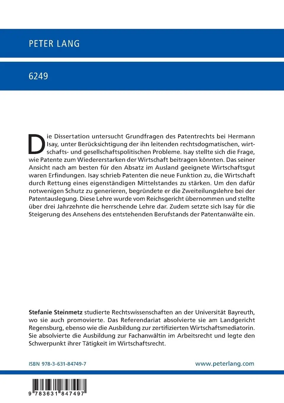 Rückseite: 9783631847497 | Grundfragen des Patentrechts bei Hermann Isay (1873-1938) | Steinmetz