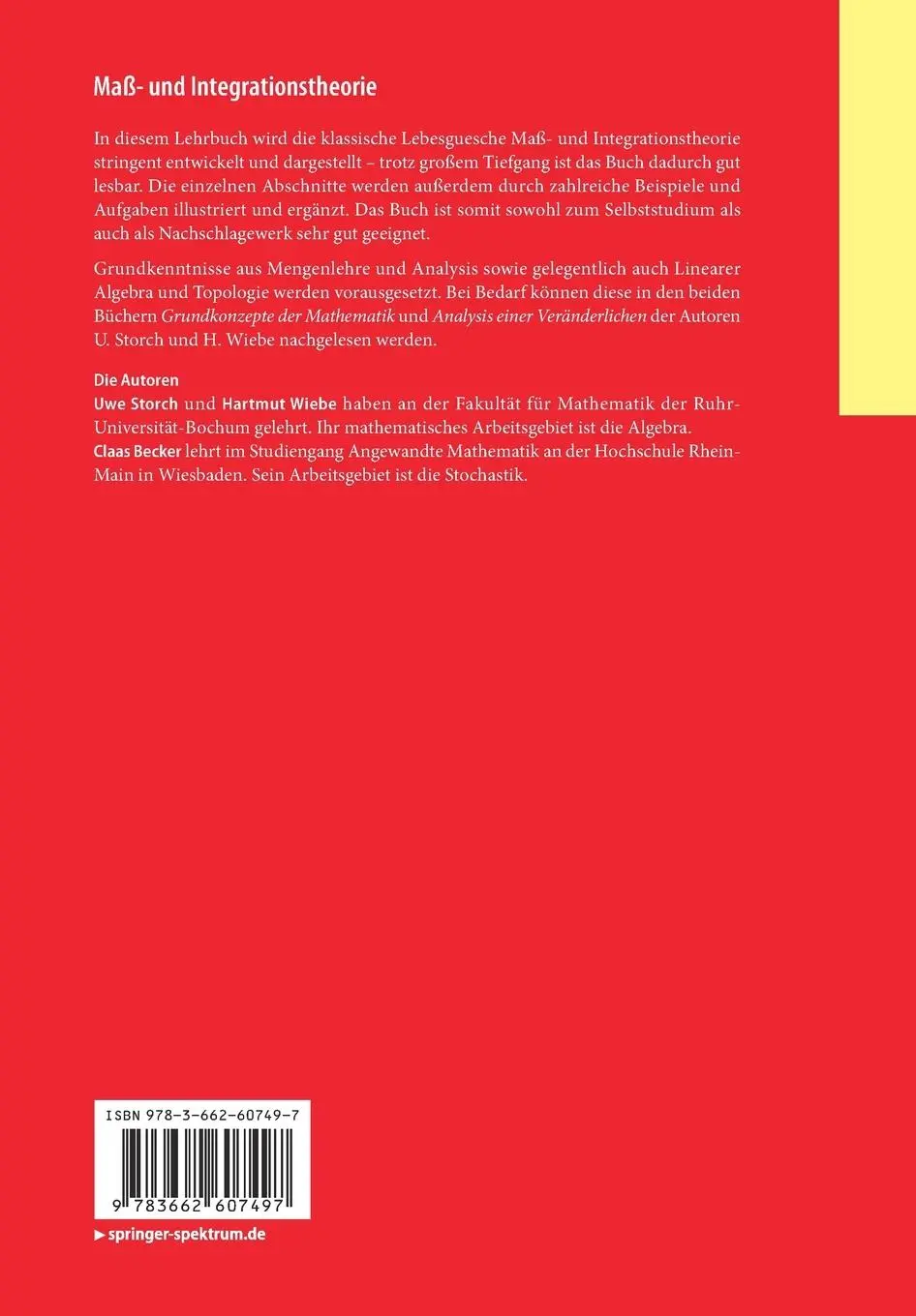 Rückseite: 9783662607497 | Maß- und Integrationstheorie | Uwe Storch (u. a.) | Taschenbuch | VIII