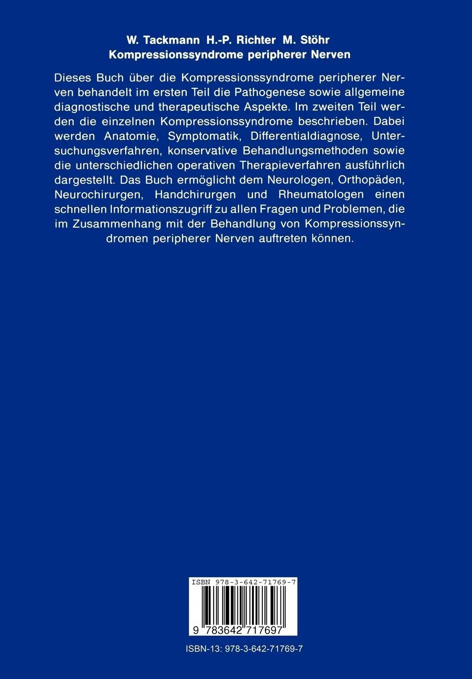 Rückseite: 9783642717697 | Kompressionssyndrome peripherer Nerven | Wolfgang Tackmann (u. a.)
