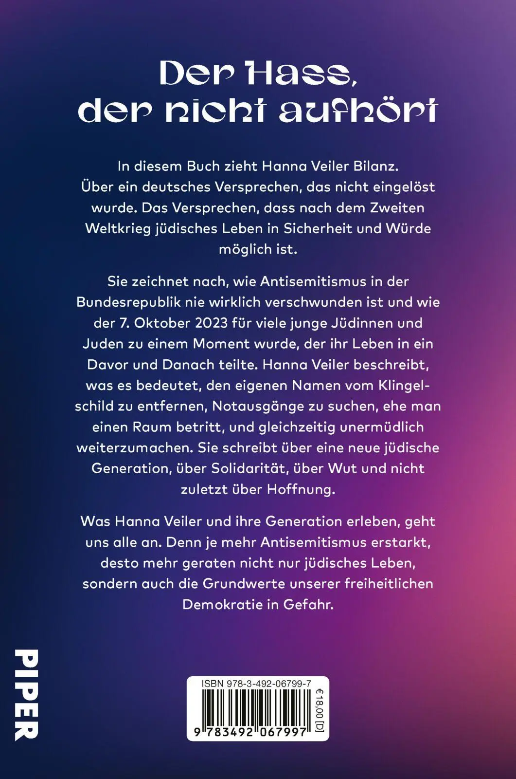 Rückseite: 9783492067997 | Jung, jüdisch, wütend | Hanna Veiler | Taschenbuch | 208 S. | Deutsch