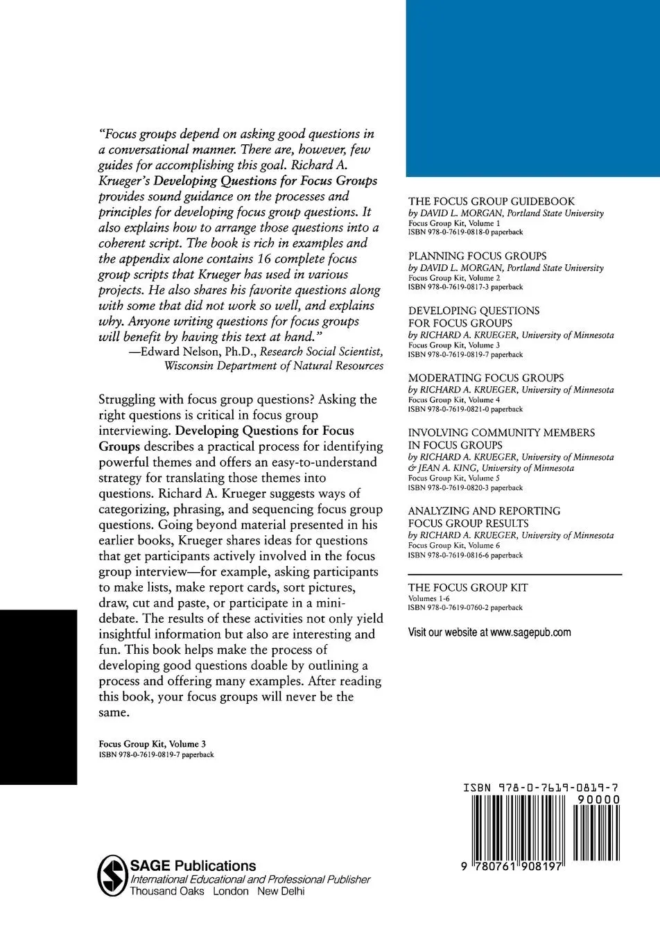 Rückseite: 9780761908197 | Developing Questions for Focus Groups | Richard A. Krueger (u. a.)