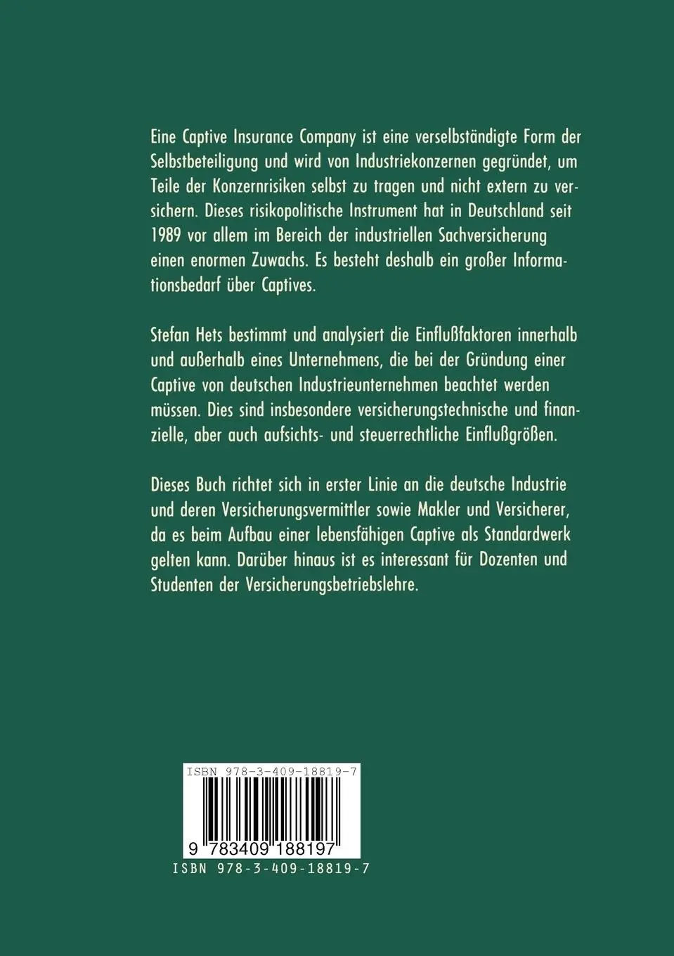 Rückseite: 9783409188197 | Captive Insurance Company | Stefan Hets | Taschenbuch | xv | Deutsch