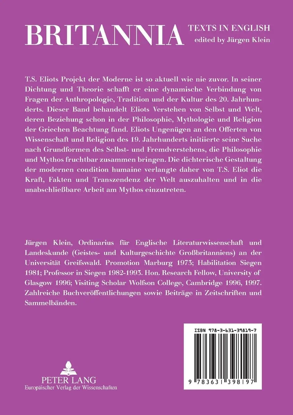 Rückseite: 9783631398197 | T. S. Eliot, poeta doctus, Tradition und die Konstitution der...