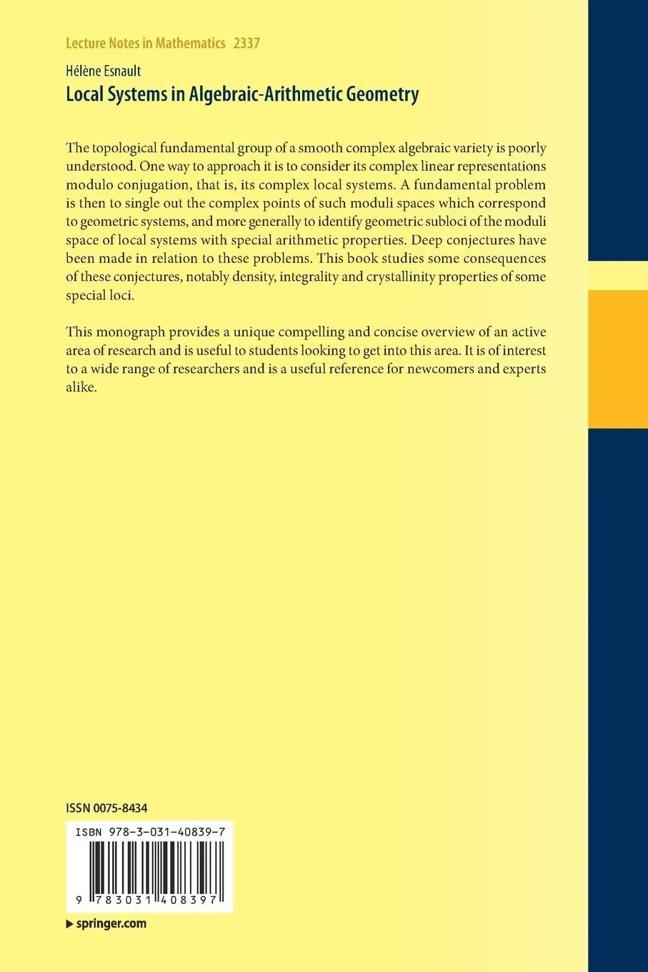 Rückseite: 9783031408397 | Local Systems in Algebraic-Arithmetic Geometry | Hélène Esnault | Buch
