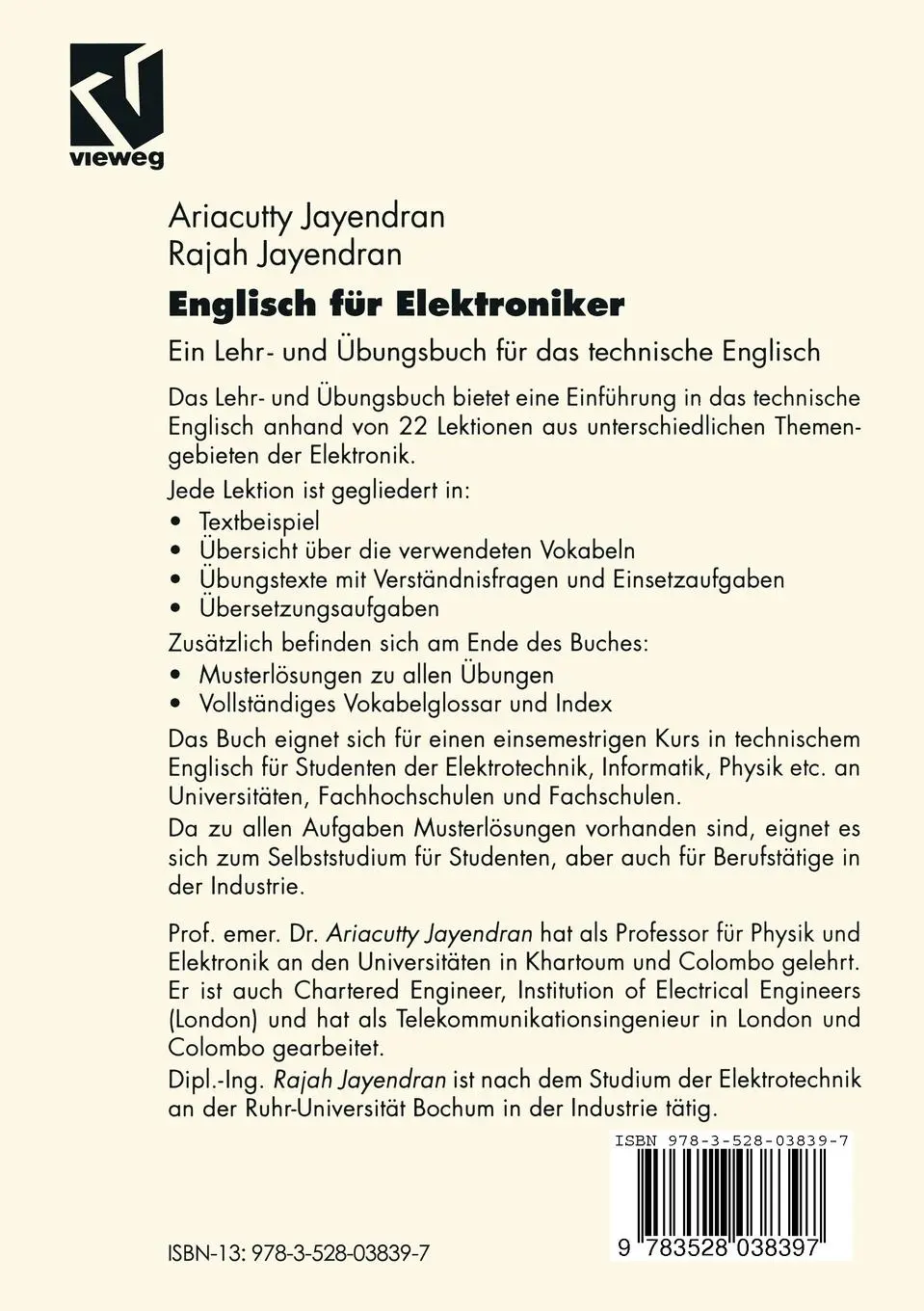 Rückseite: 9783528038397 | Englisch für Elektroniker | Rajah Jayendran (u. a.) | Taschenbuch