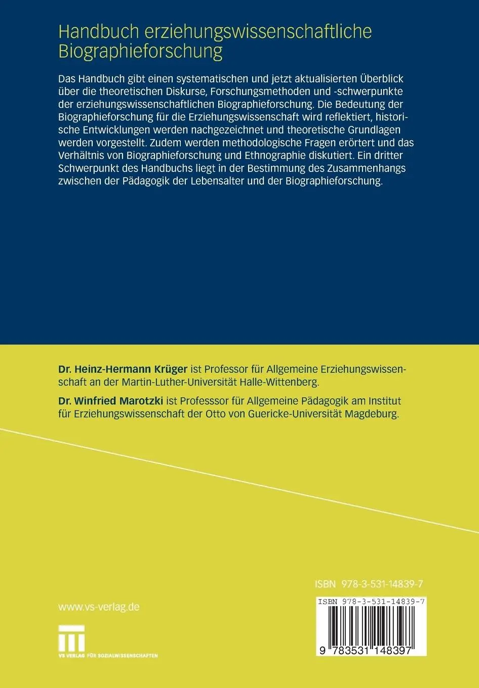 Rückseite: 9783531148397 | Handbuch erziehungswissenschaftliche Biographieforschung | Taschenbuch