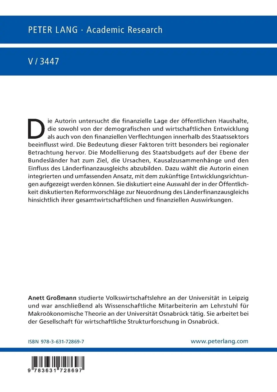 Rückseite: 9783631728697 | Modellierung des Staatsbudgets auf der Ebene der Bundesländer | Buch