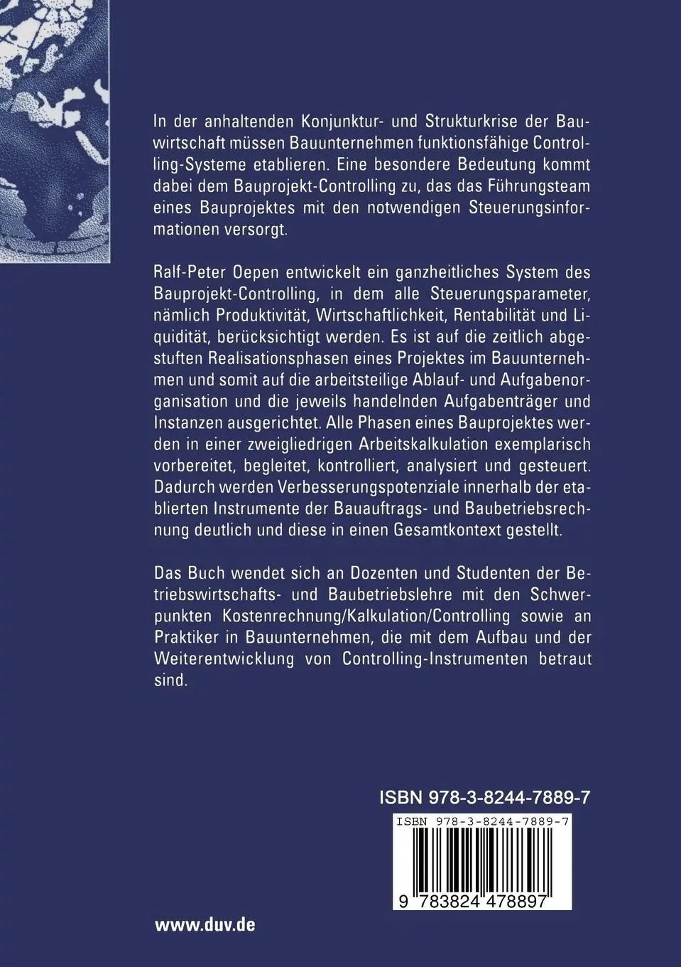 Rückseite: 9783824478897 | Phasenorientiertes Controlling in bauausführenden Unternehmen | Oepen