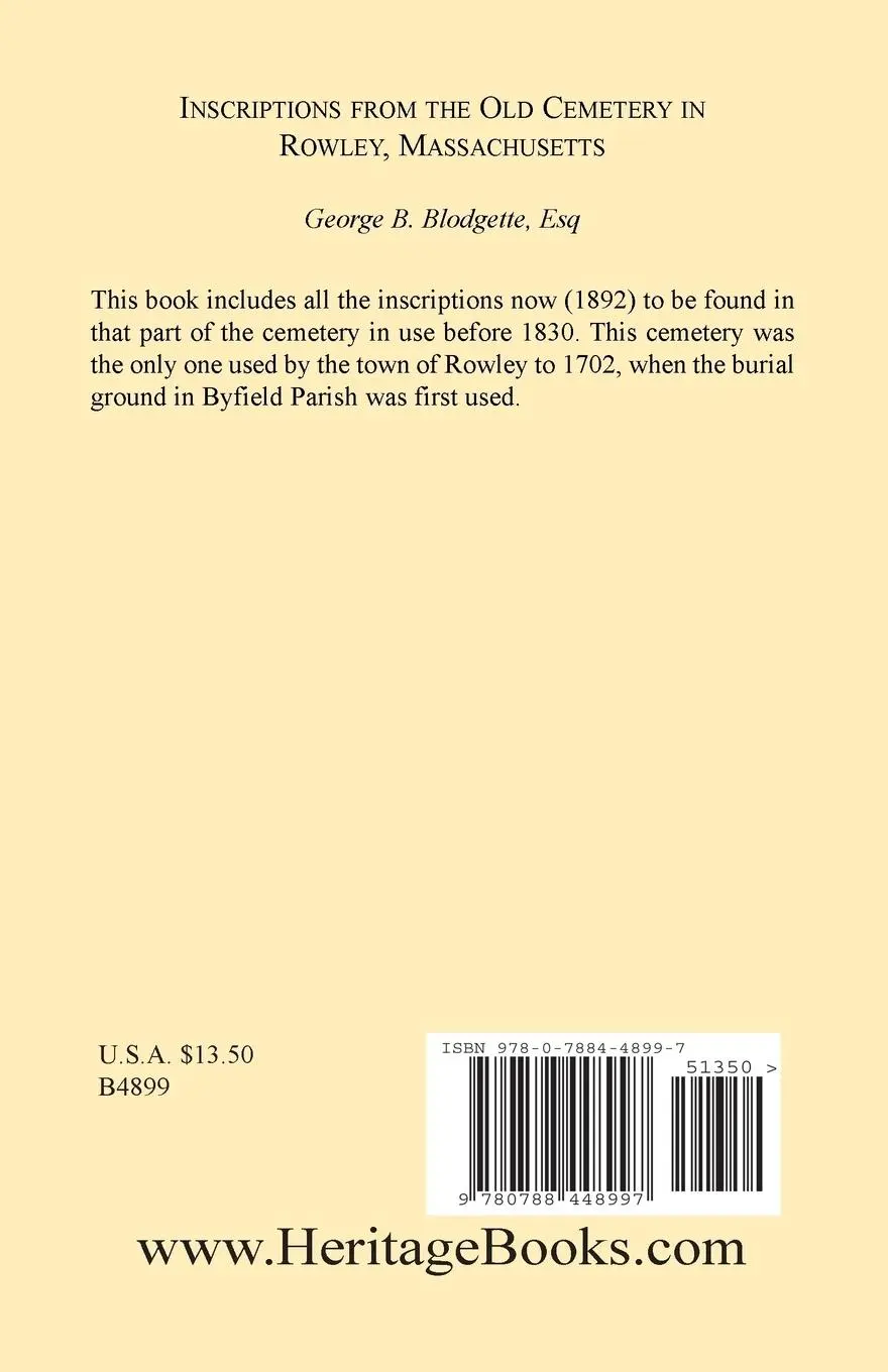 Rückseite: 9780788448997 | Inscriptions from the Old Cemetery in Rowley, Massachusetts | Buch