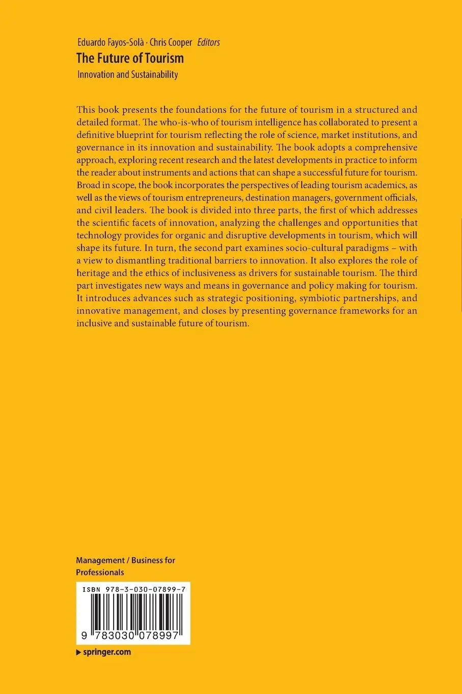 Rückseite: 9783030078997 | The Future of Tourism | Innovation and Sustainability | Cooper (u. a.)