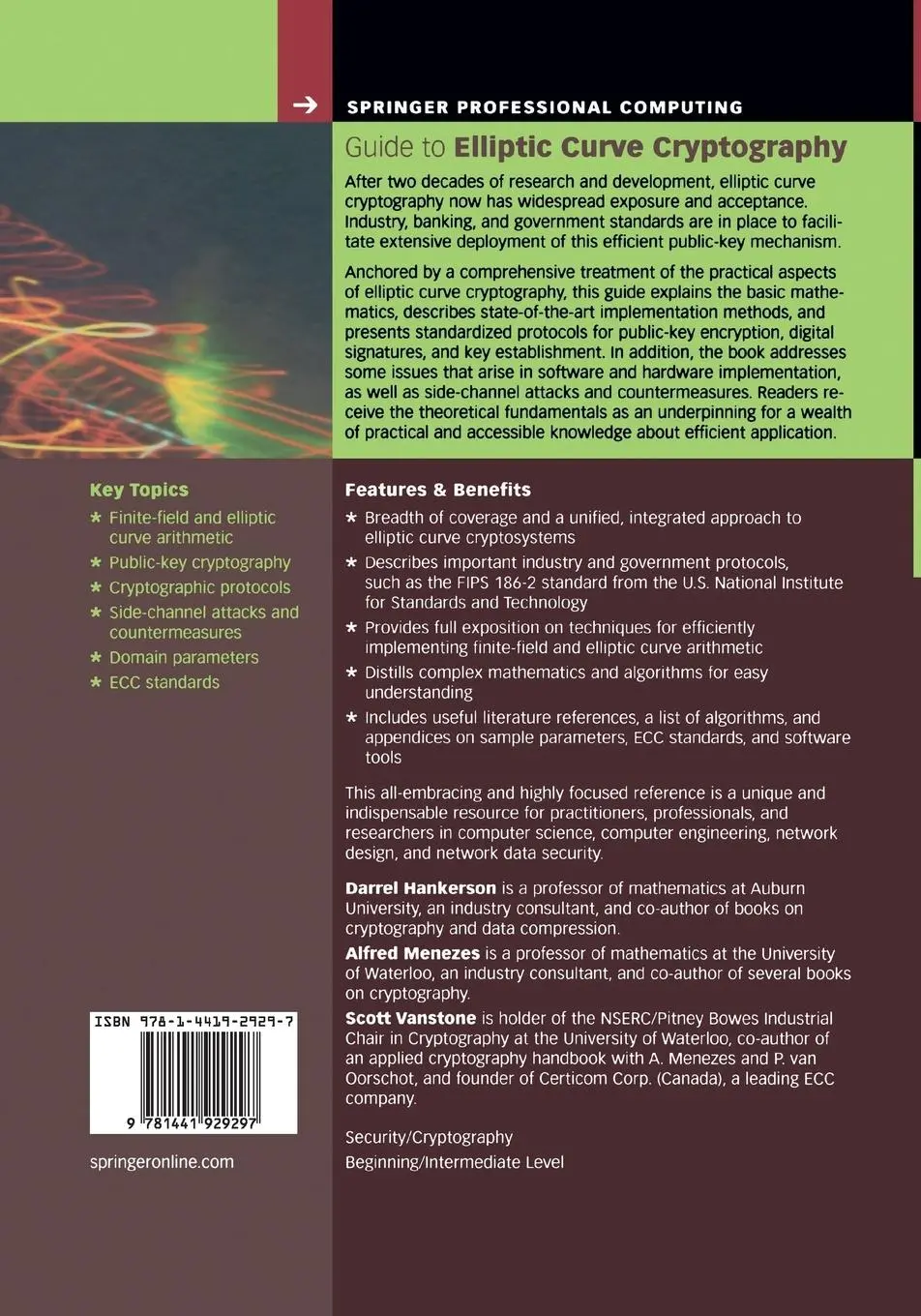 Rückseite: 9781441929297 | Guide to Elliptic Curve Cryptography | Darrel Hankerson (u. a.) | Buch