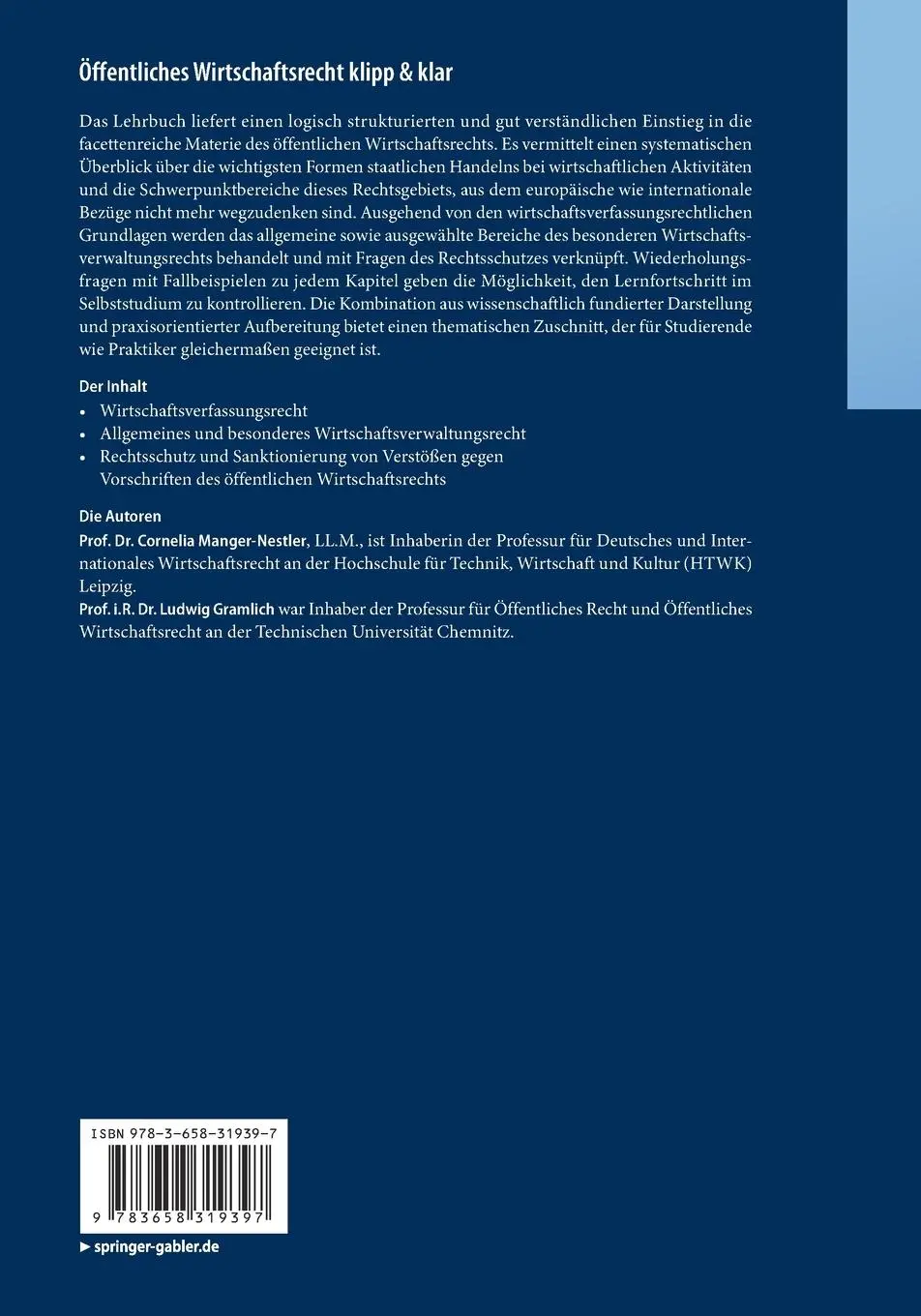 Rückseite: 9783658319397 | Öffentliches Wirtschaftsrecht klipp &amp; klar | Ludwig Gramlich (u. a.)