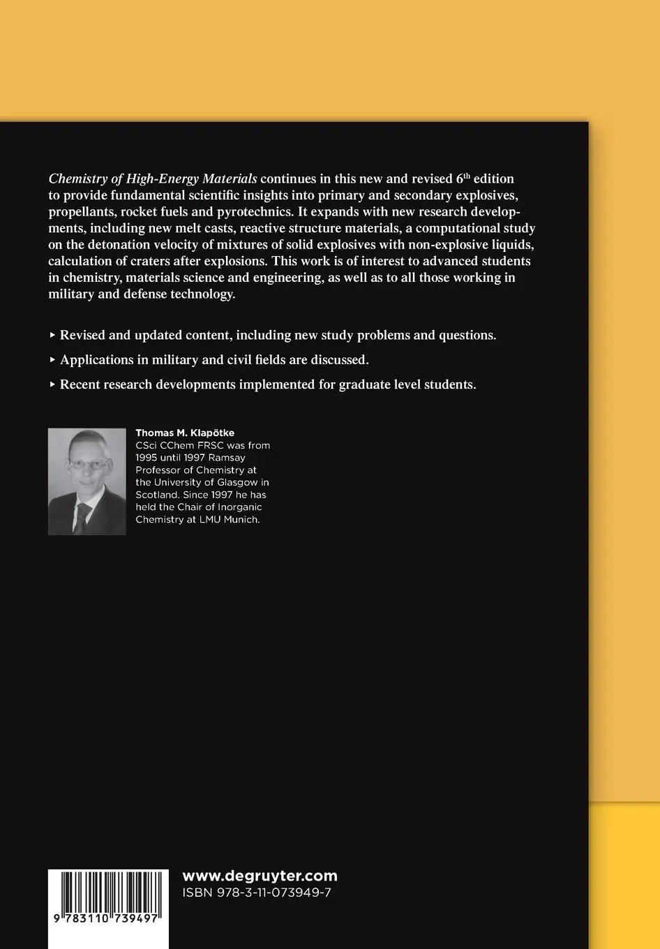 Rückseite: 9783110739497 | Chemistry of High-Energy Materials | Thomas M. Klapötke | Taschenbuch