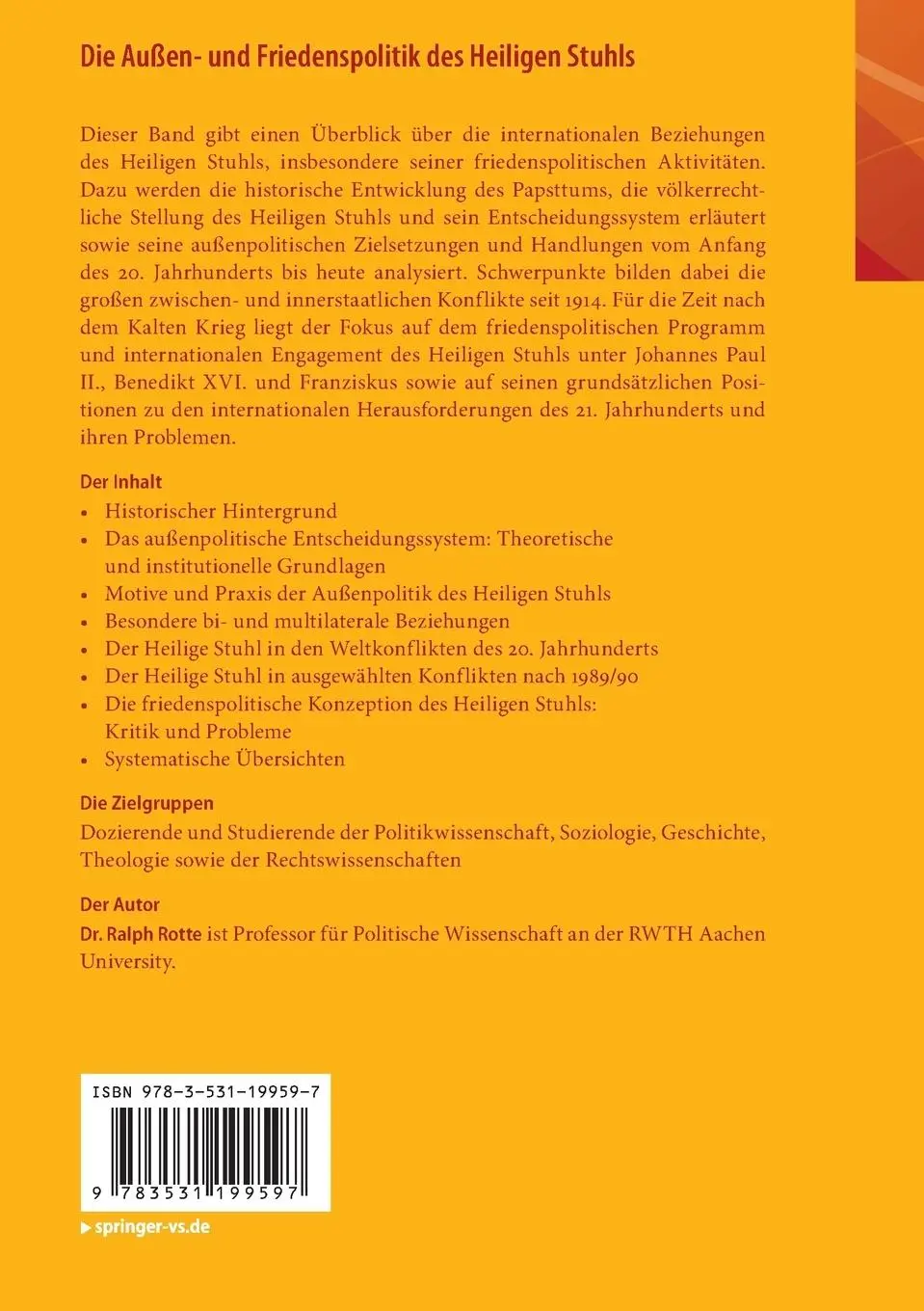 Rückseite: 9783531199597 | Die Außen- und Friedenspolitik des Heiligen Stuhls | Eine Einführung