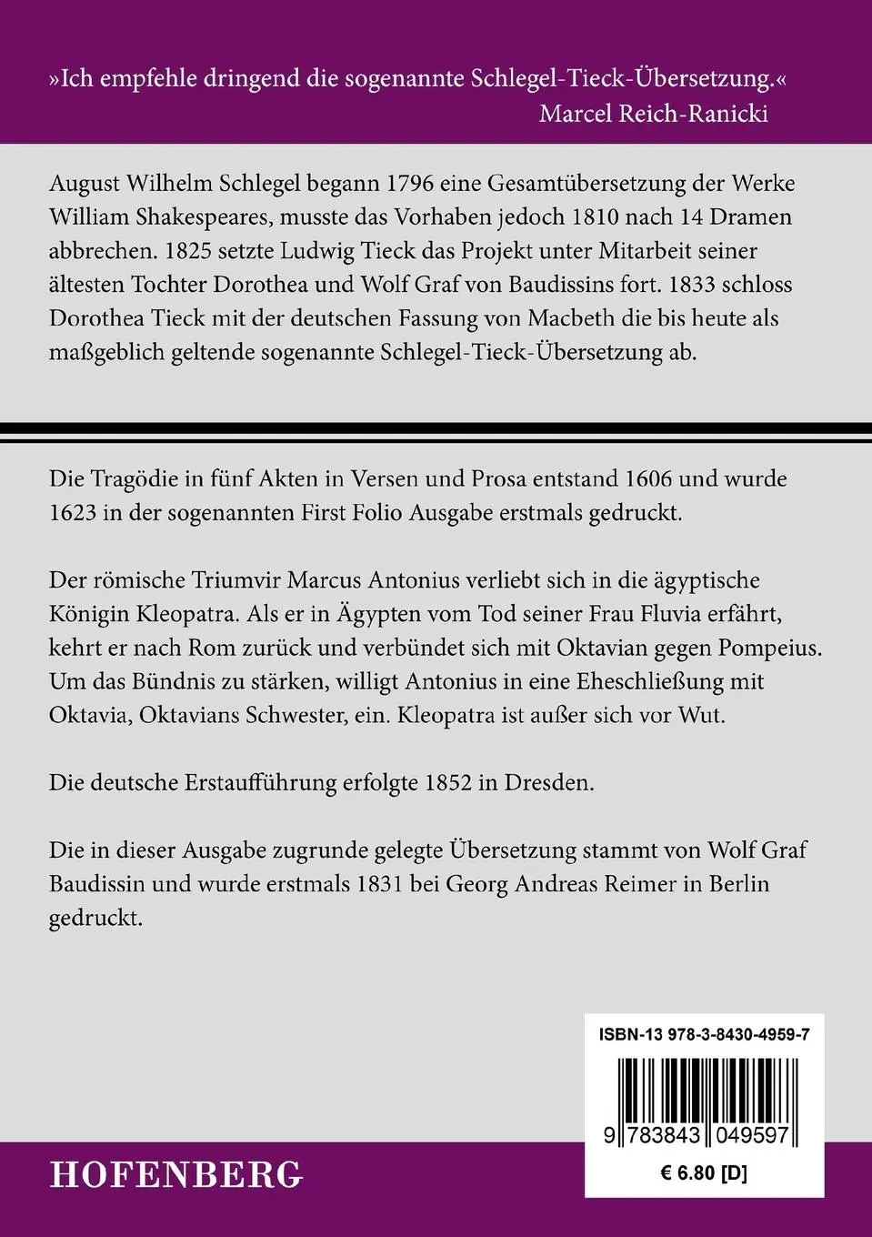 Rückseite: 9783843049597 | Antonius und Cleopatra | William Shakespeare | Taschenbuch | 136 S.