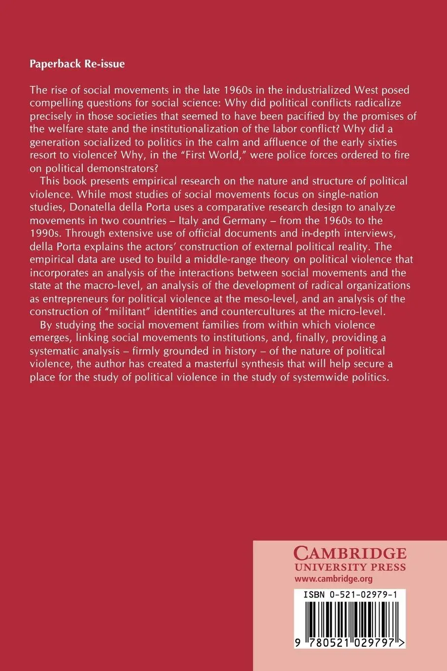Rückseite: 9780521029797 | Social Movements, Political Violence, and the State | Porta | Buch