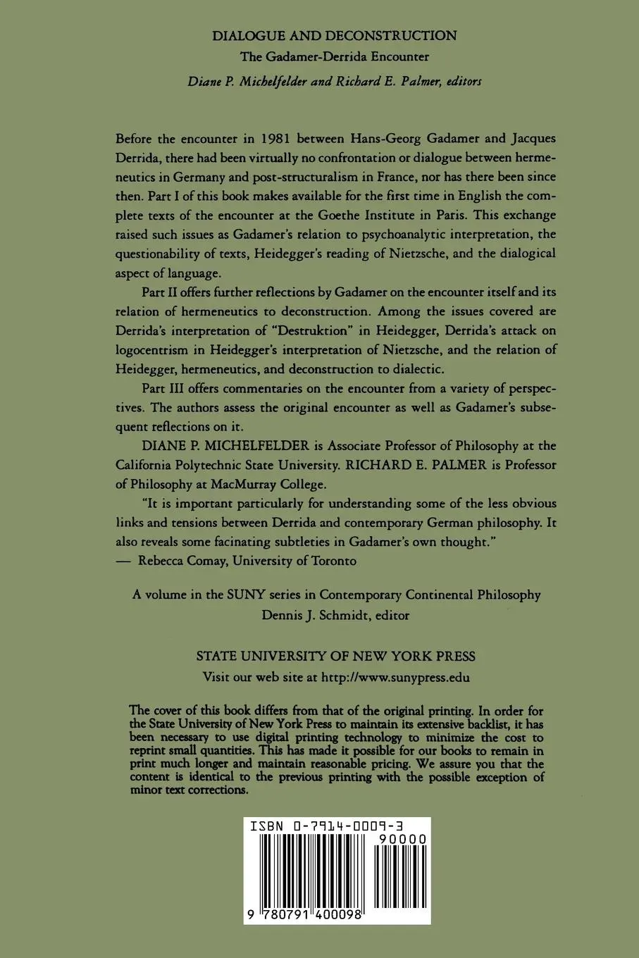 Rückseite: 9780791400098 | Dialogue and Deconstruction | The Gadamer-Derrida Encounter | Buch