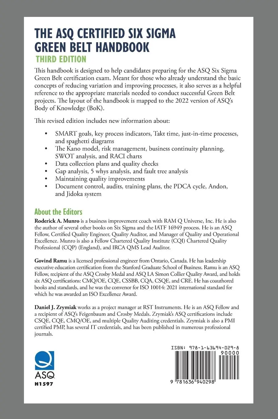 Rückseite: 9781636940298 | The ASQ Certified Six Sigma Green Belt Handbook | Munro (u. a.) | Buch