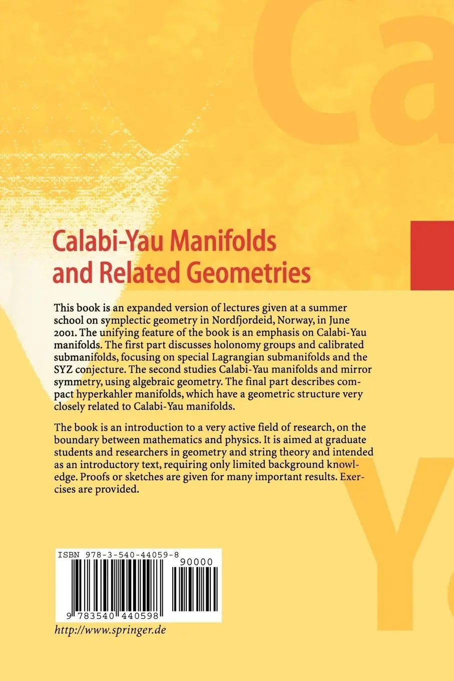 Rückseite: 9783540440598 | Calabi-Yau Manifolds and Related Geometries | Huybrechts (u. a.)