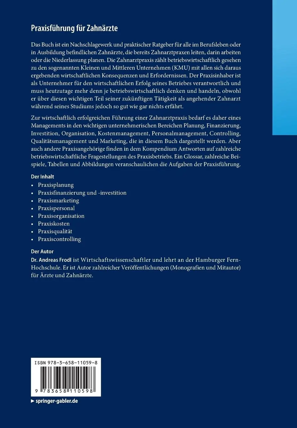 Rückseite: 9783658110598 | Praxisführung für Zahnärzte | Andreas Frodl | Taschenbuch | xiv | 2016