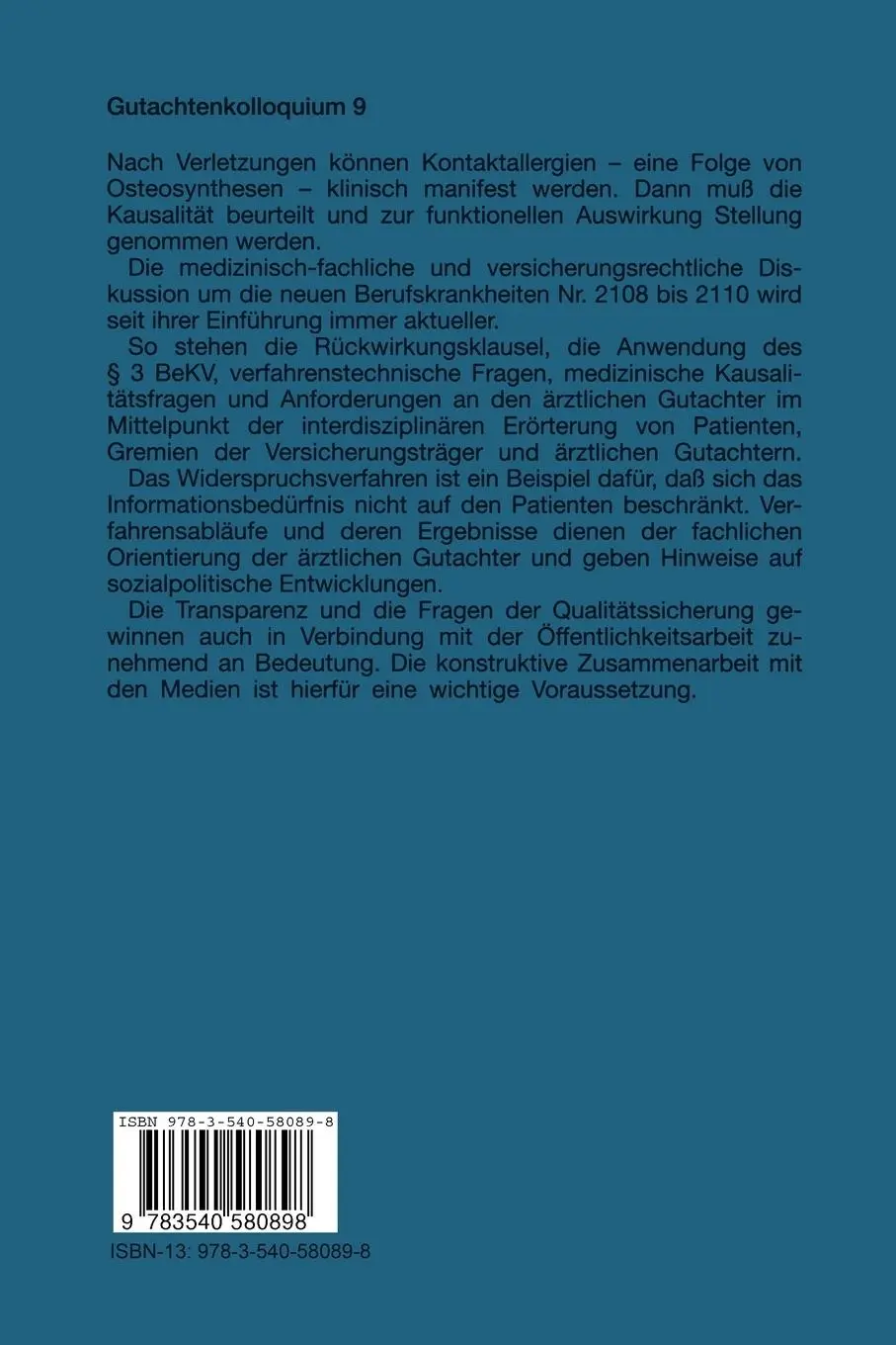 Rückseite: 9783540580898 | Kontaktallergie und Trauma Neue Berufskrankheiten Nr. 2108 bis Nr....
