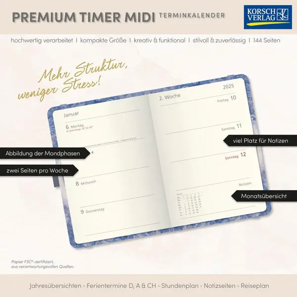 Bild: 9783731890898 | Premium Timer Midi "Blue Hour" 2026 | Verlag Korsch | Buch | 144 S.