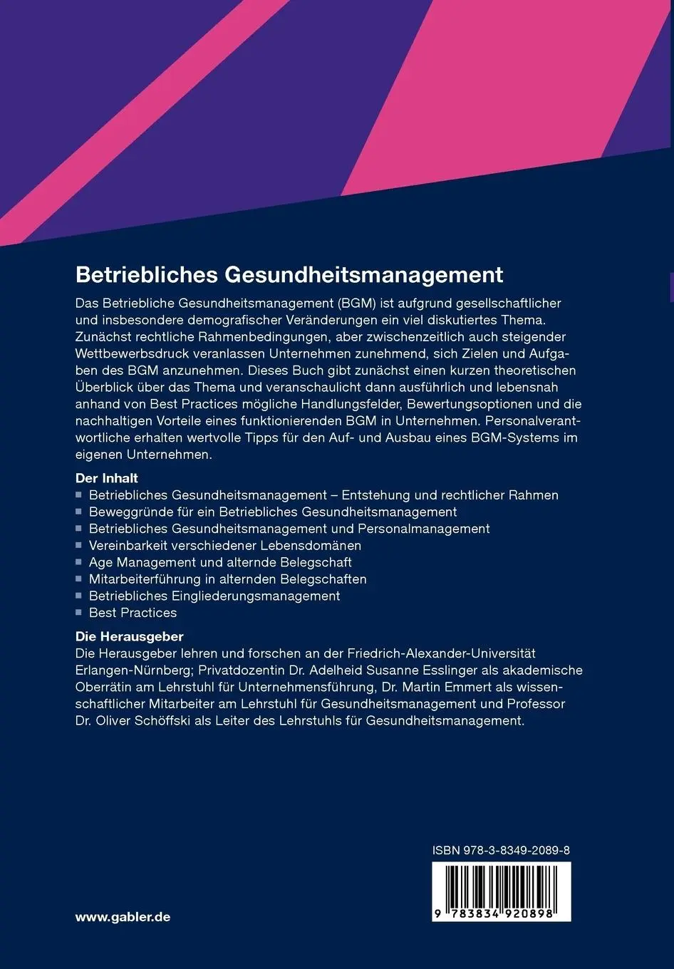 Rückseite: 9783834920898 | Betriebliches Gesundheitsmanagement | Esslinger (u. a.) | Taschenbuch