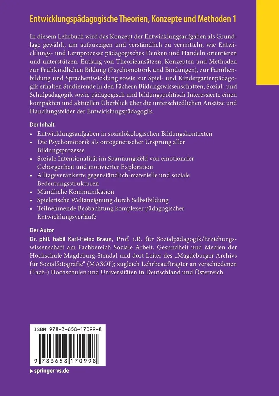 Rückseite: 9783658170998 | Entwicklungspädagogische Theorien, Konzepte und Methoden 1 | Braun