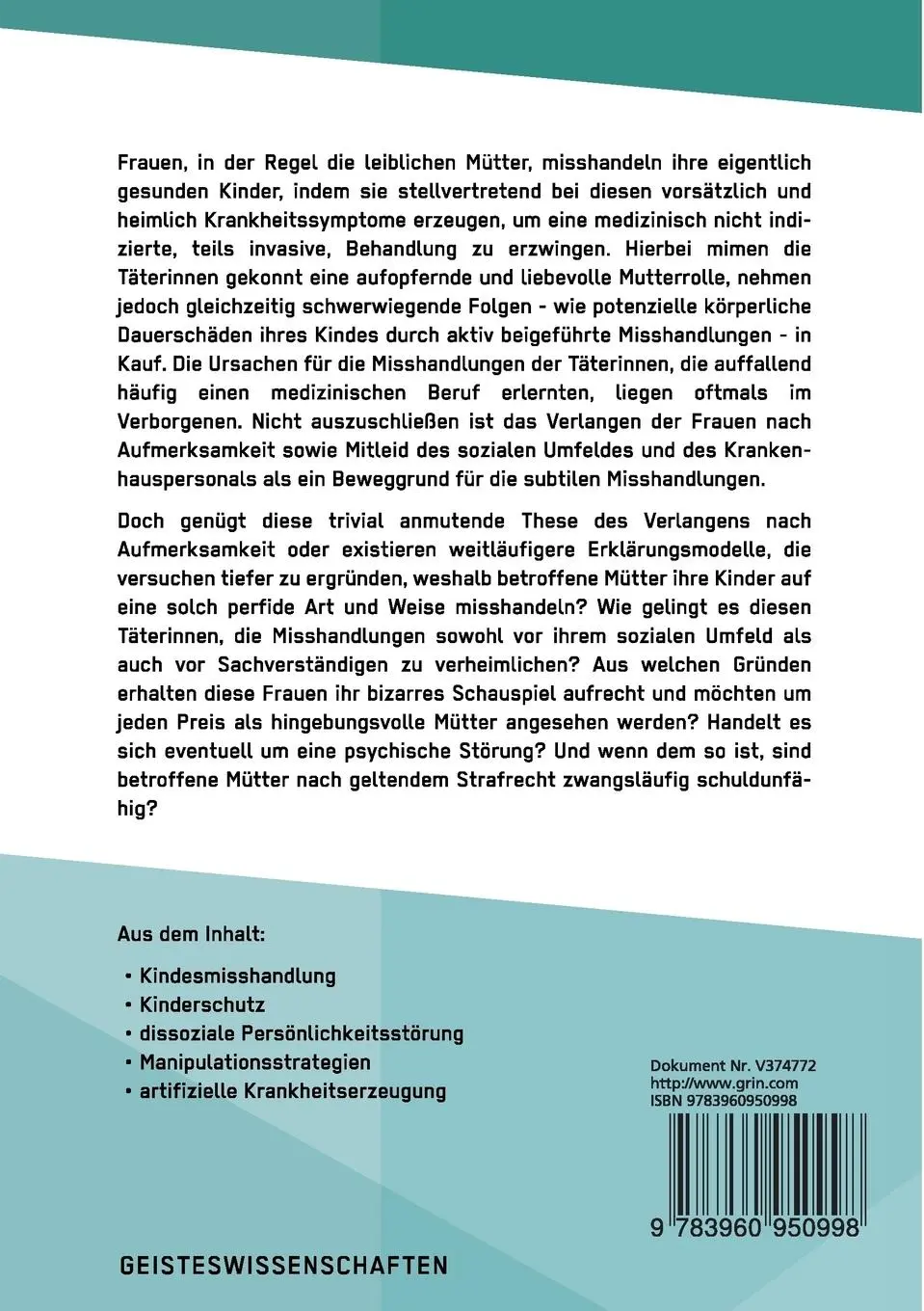 Rückseite: 9783960950998 | Das Münchhausen-by-proxy-Syndrom | Marina Filchner | Taschenbuch